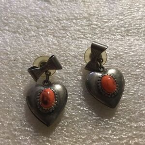 Heart-Shaped Silver Earrings with Orange Accents